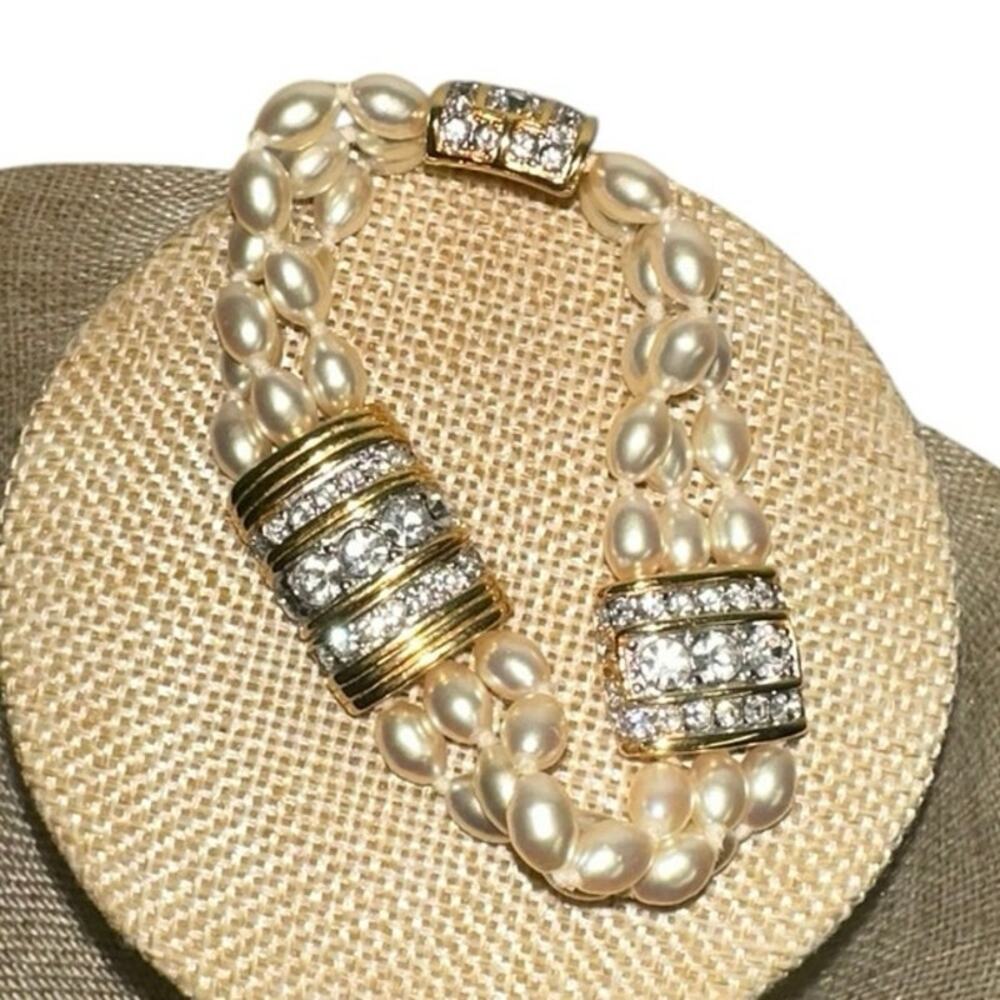 Swarovski Faux Pearl Bracelet Gold Tone Rhinestone Multi Strand Statement VTG